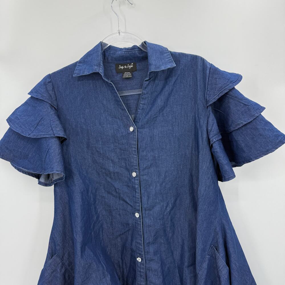 STEP IN STYLE Tunic Shirt Dress Size M Chambray Rhinestone Ruffle Swing Rustic - Picture 3 of 8
